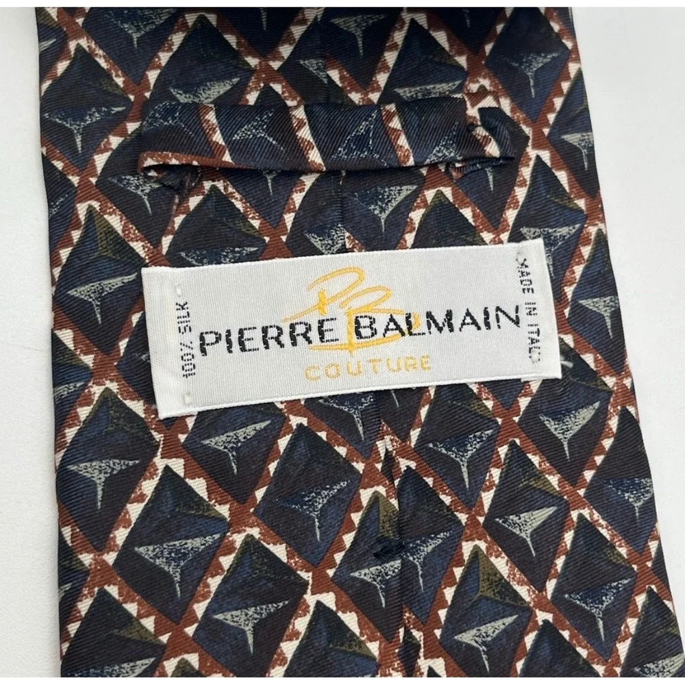 PIERRE BALMAIN Couture Tie‎ Mens OS Navy Blue Brown Geometric Silk Made in Italy